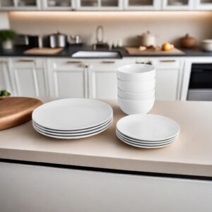12PC Dinnerware Porcelain White Set: 4 Dinner Plates, 4 Side Plates & 4 Bowls. Dishwasher & Microwave Safe.